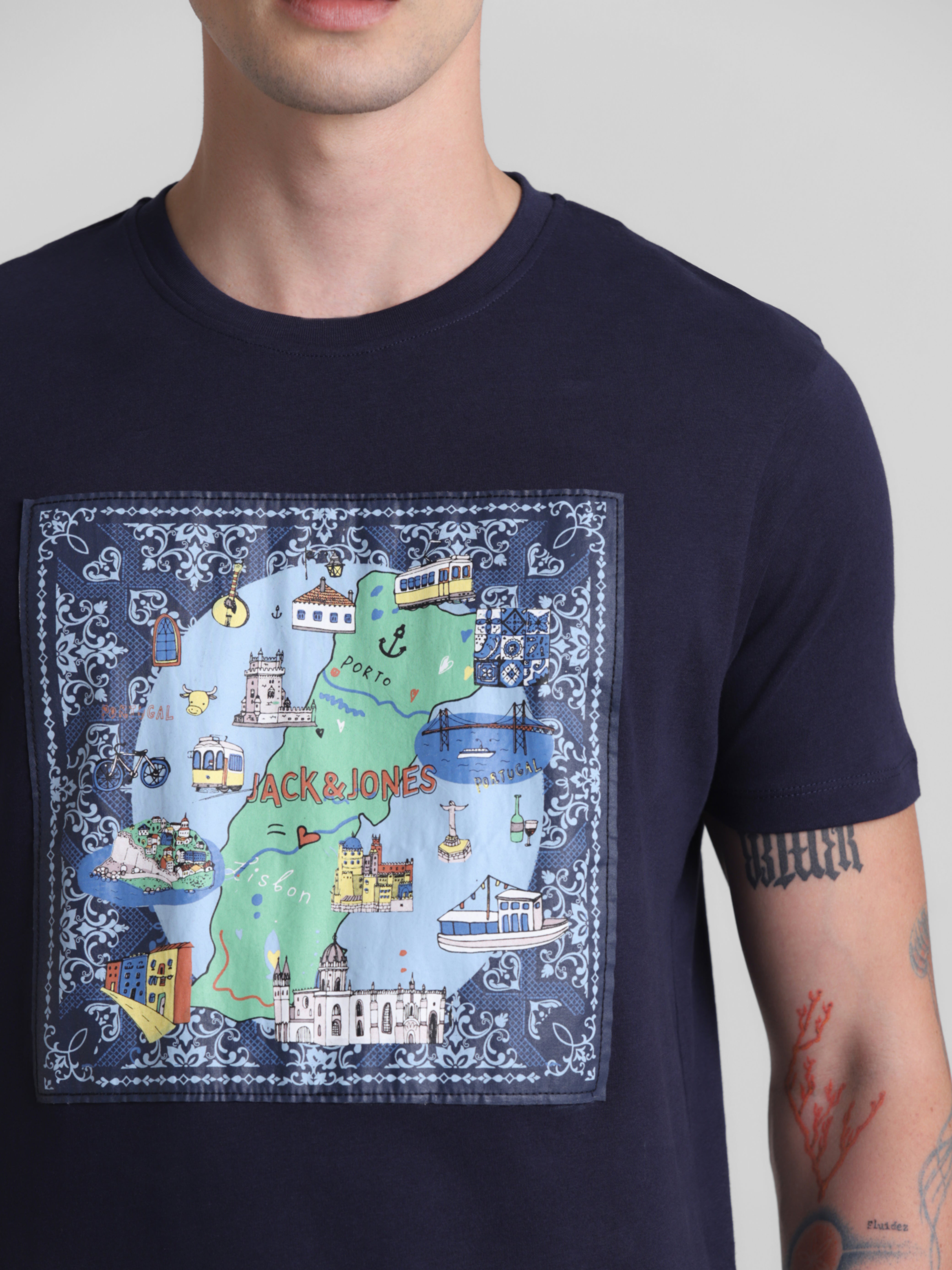 Navy Applique Patchwork Print T-shirt
