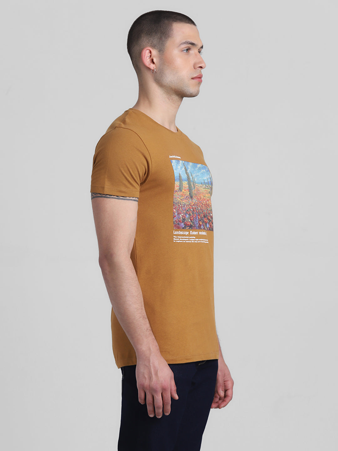 Brown Chest Print Cotton T-shirt