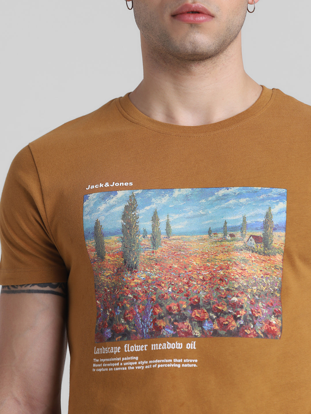 Brown Chest Print Cotton T-shirt