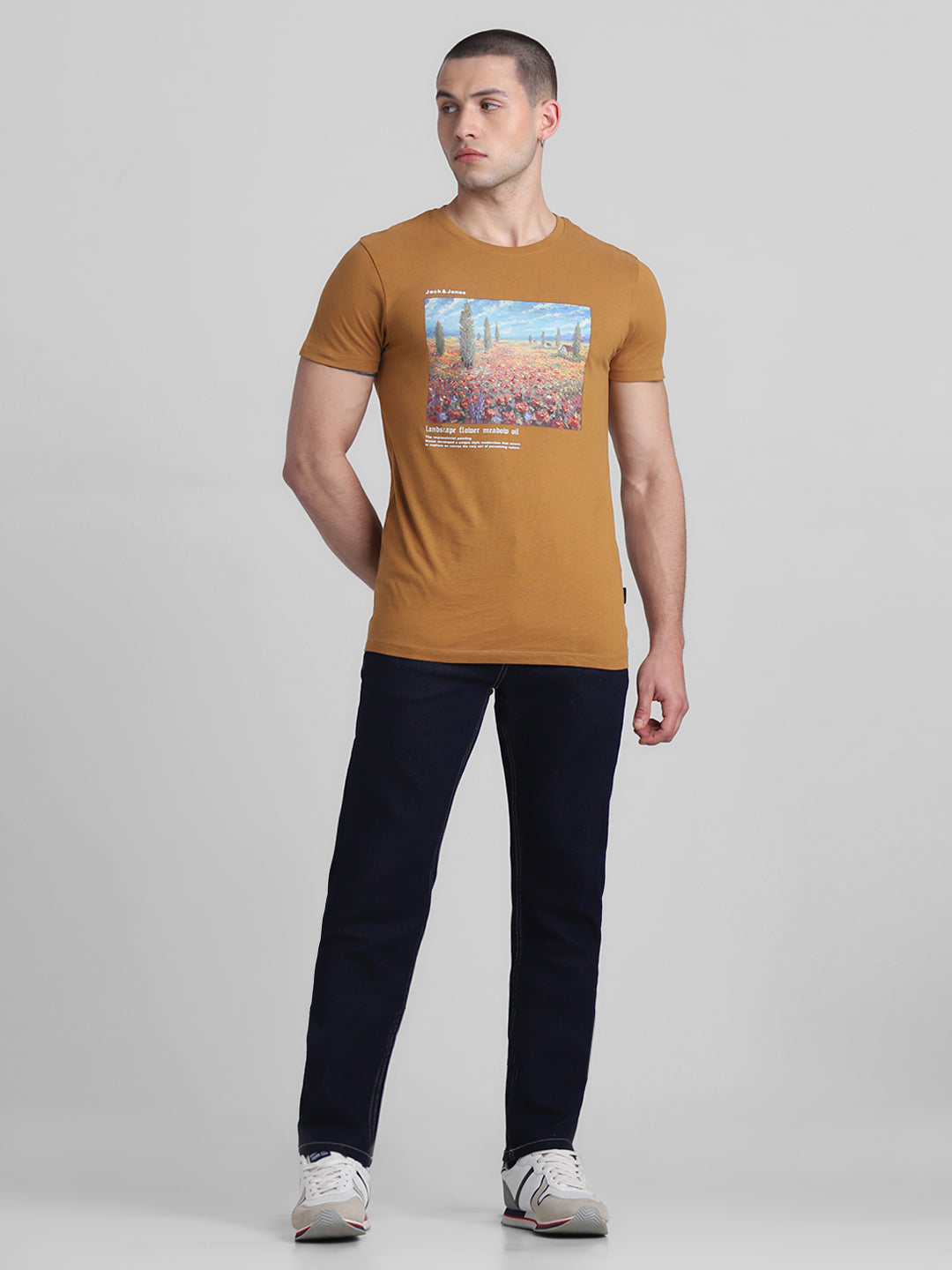 Brown Chest Print Cotton T-shirt