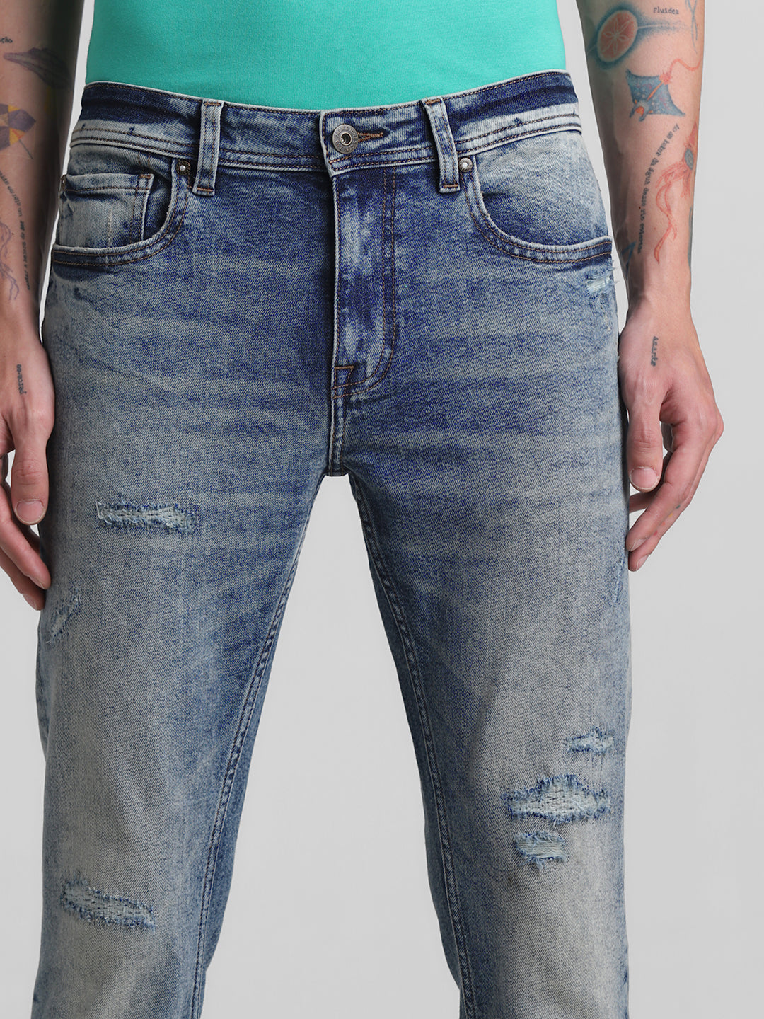 Blue Distressed 5 Pocket Skinny Jeans