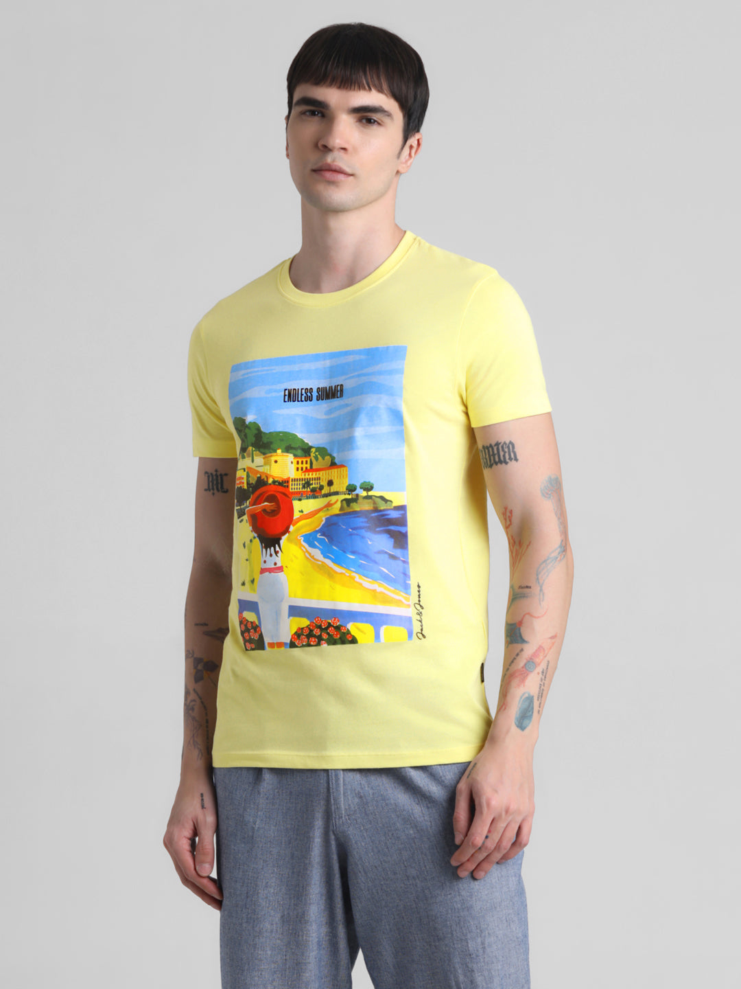 Yellow Printed Cotton T-shirt