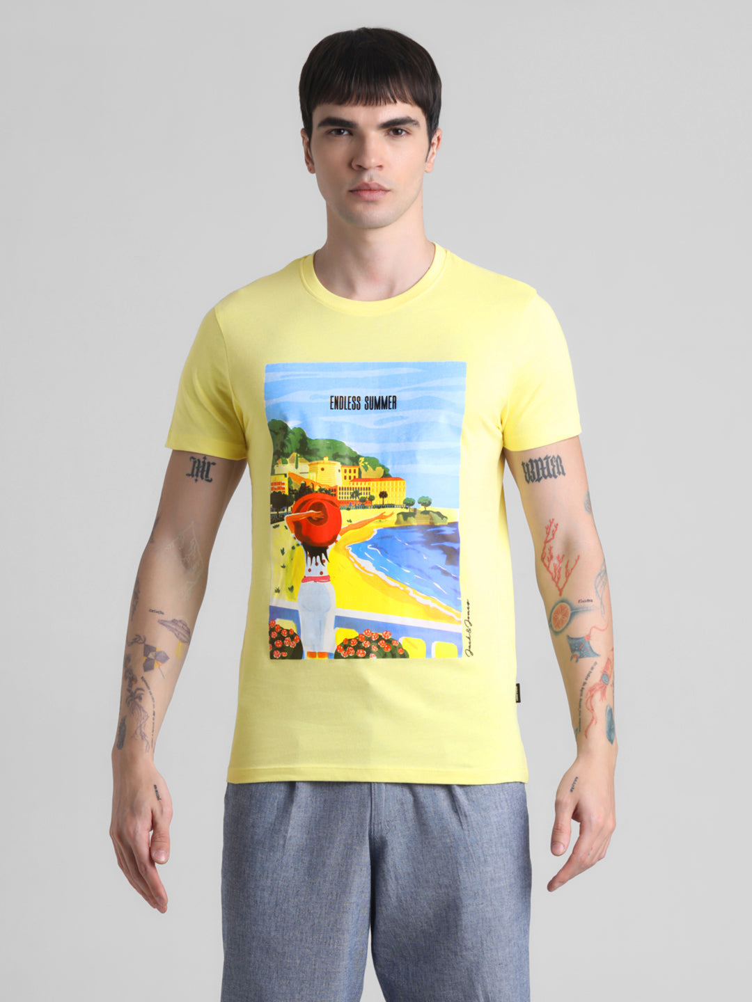 Yellow Printed Cotton T-shirt