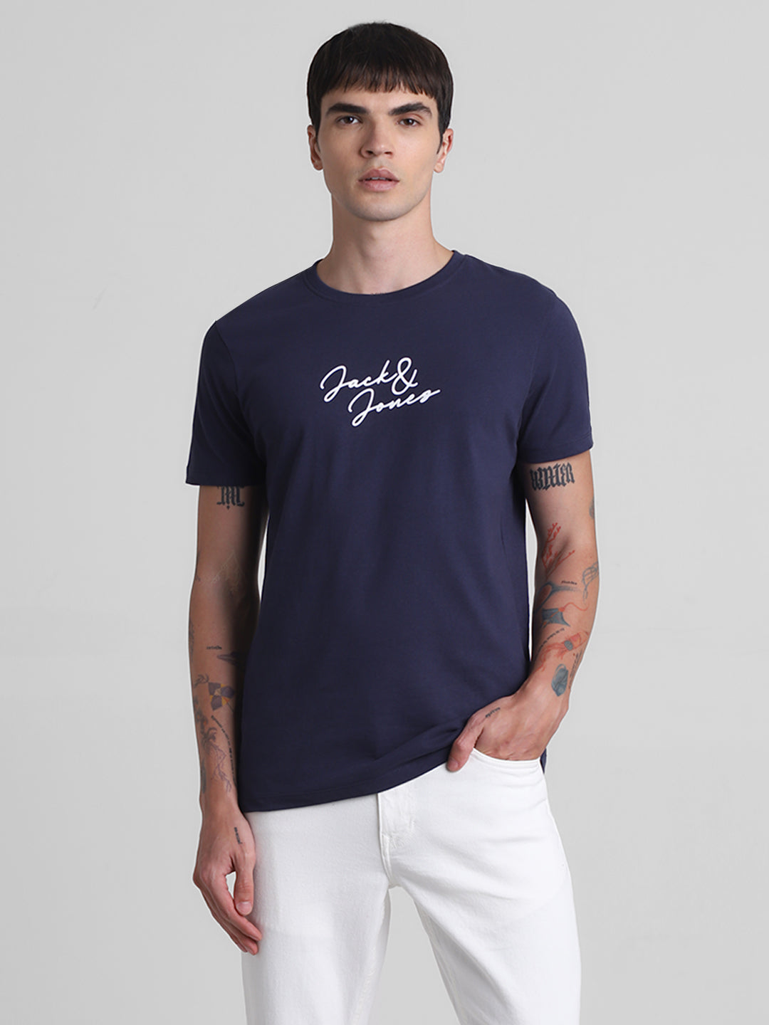 Navy Logo Print Cotton T-shirt