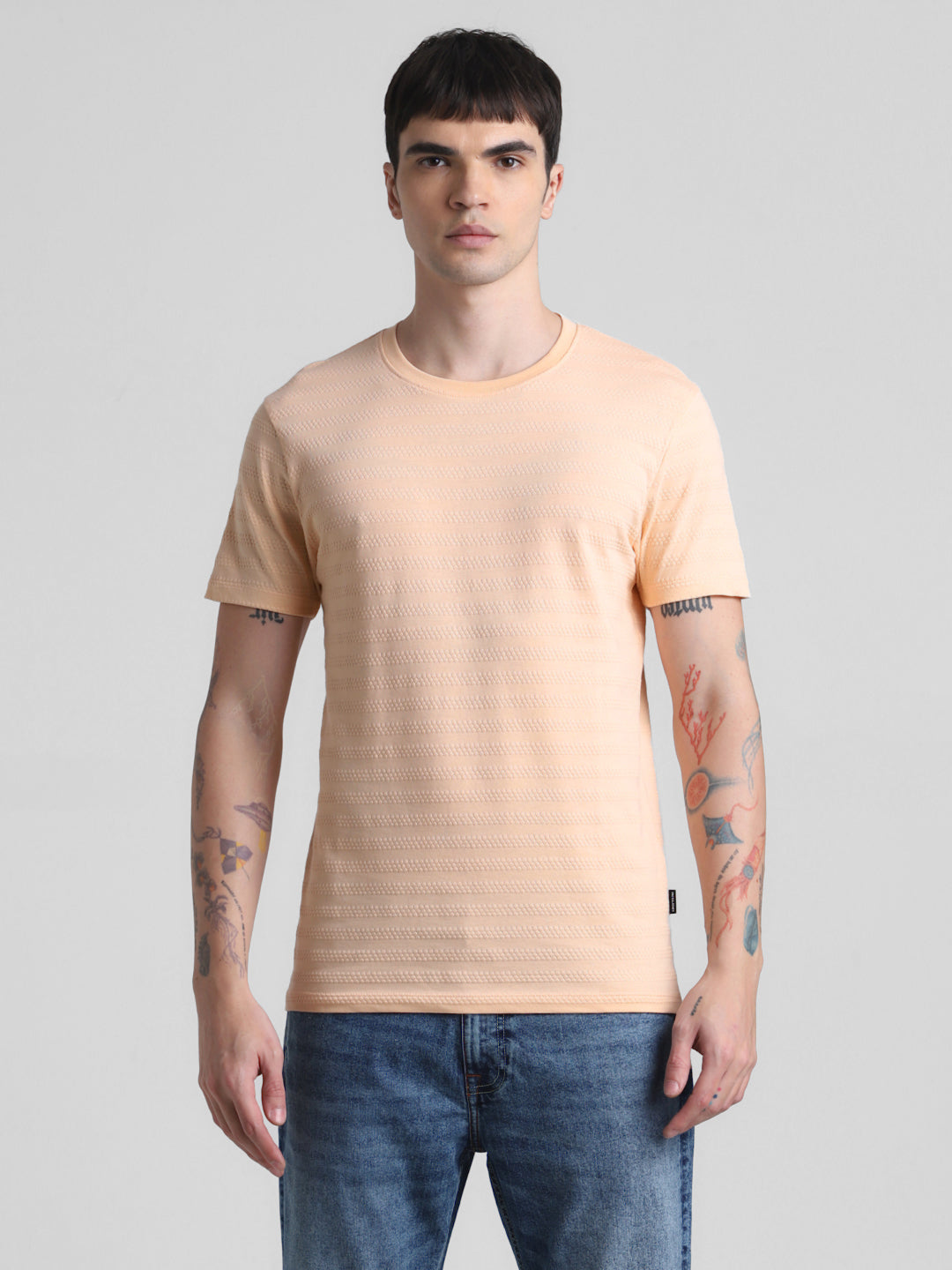 Peach Striped Slim Fit T-shirt