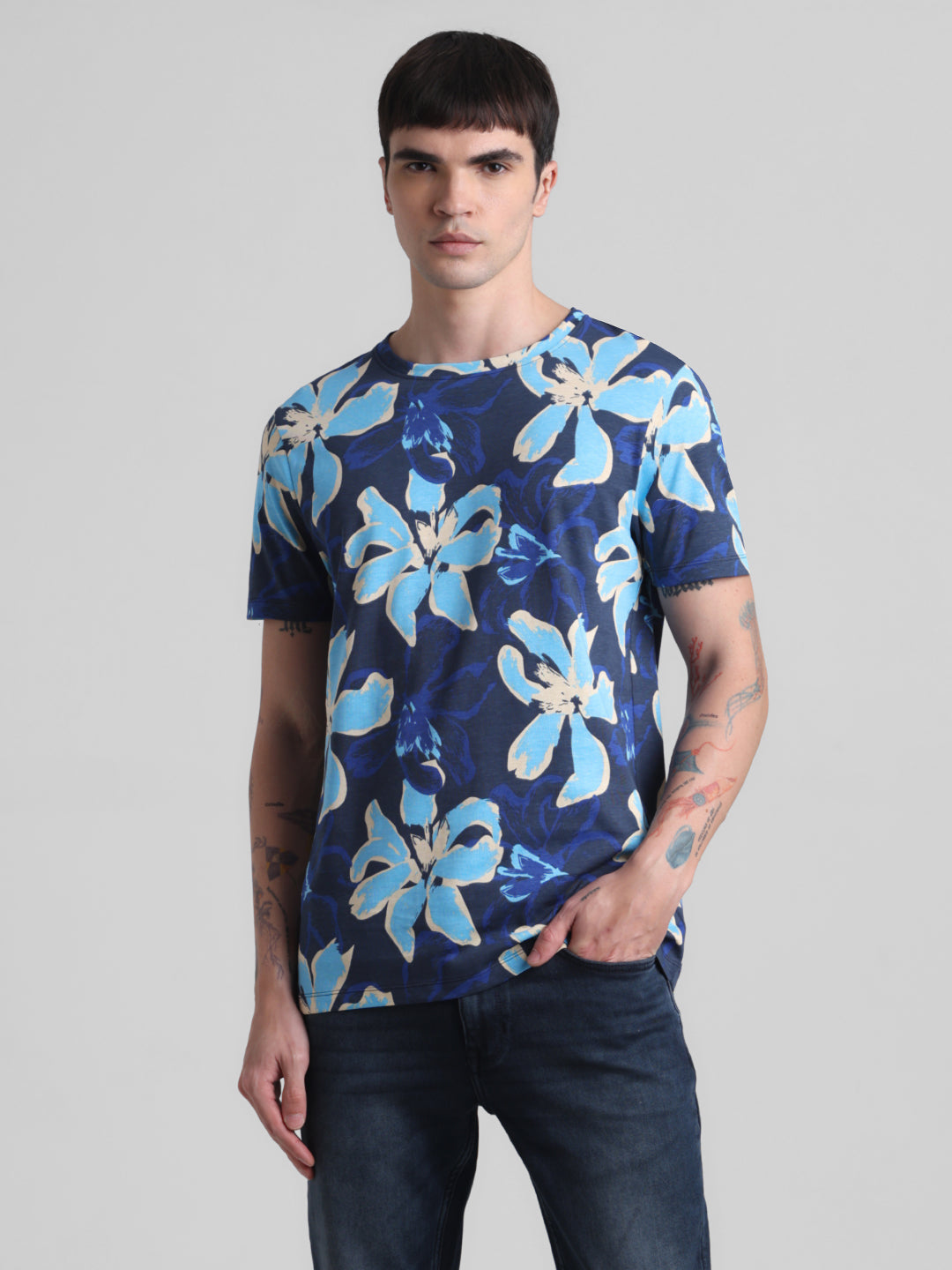 Navy Floral Cotton T-shirt