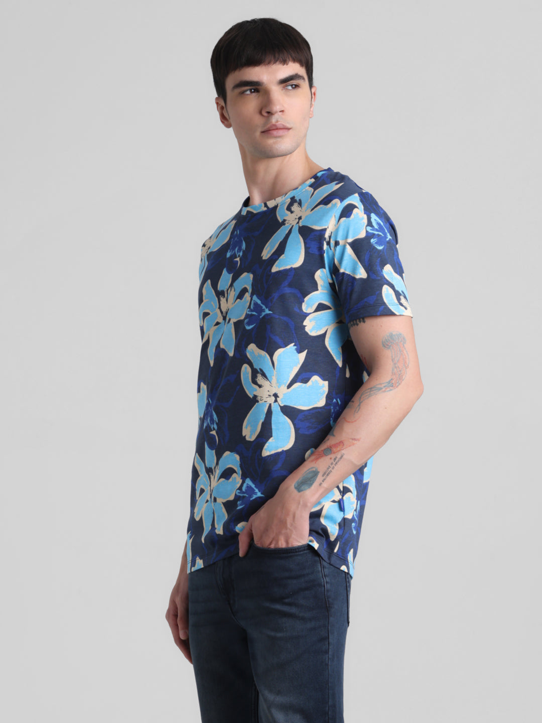 Navy Floral Cotton T-shirt