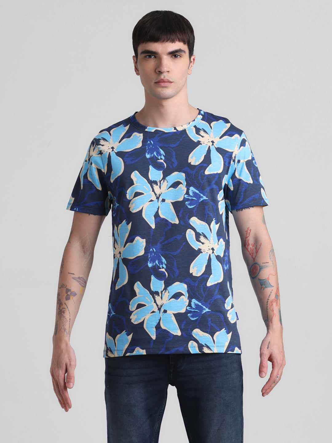 Navy Floral Cotton T-shirt