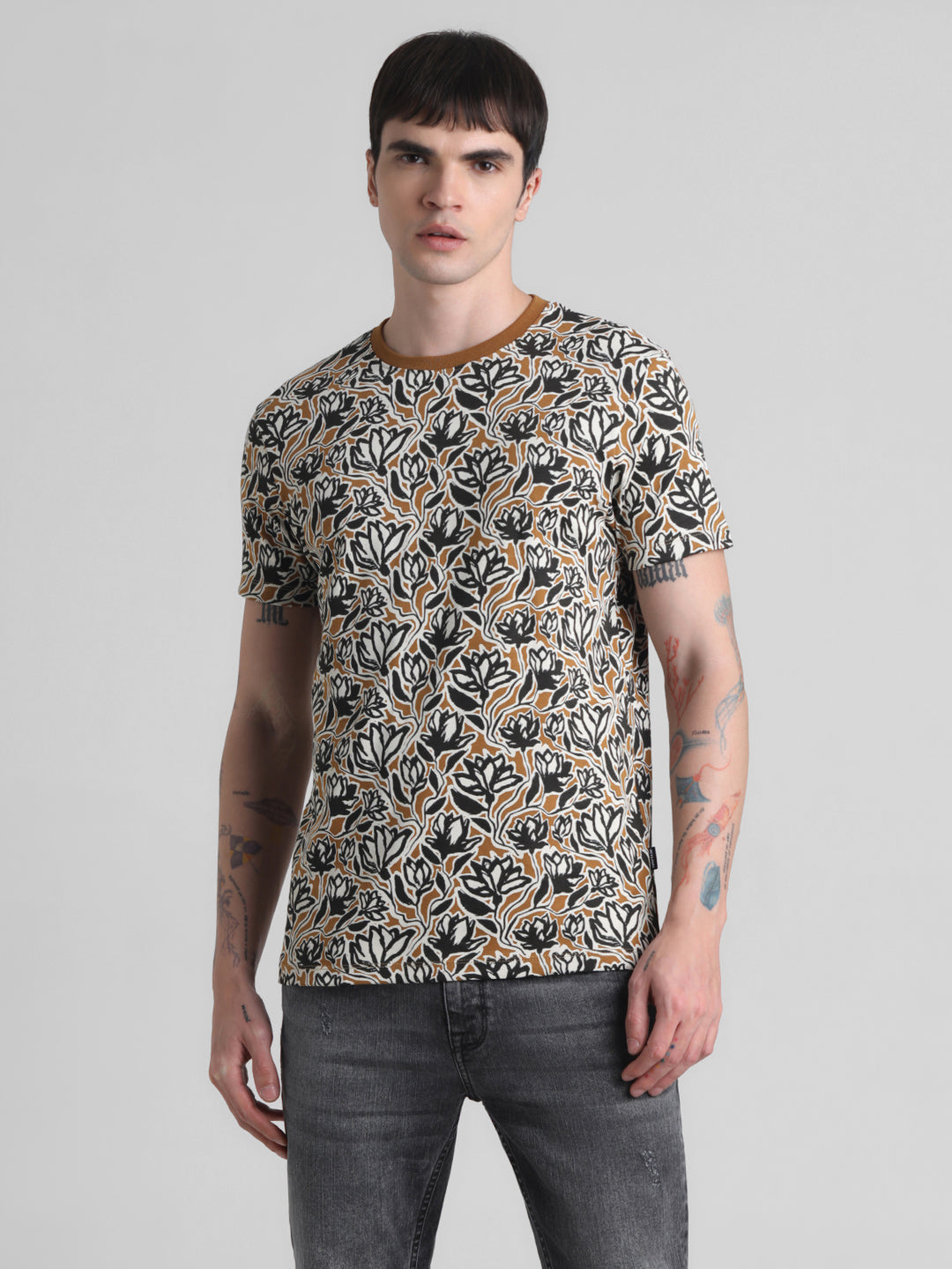 Floral Cotton Slim Fit T-shirt - Golden Brown