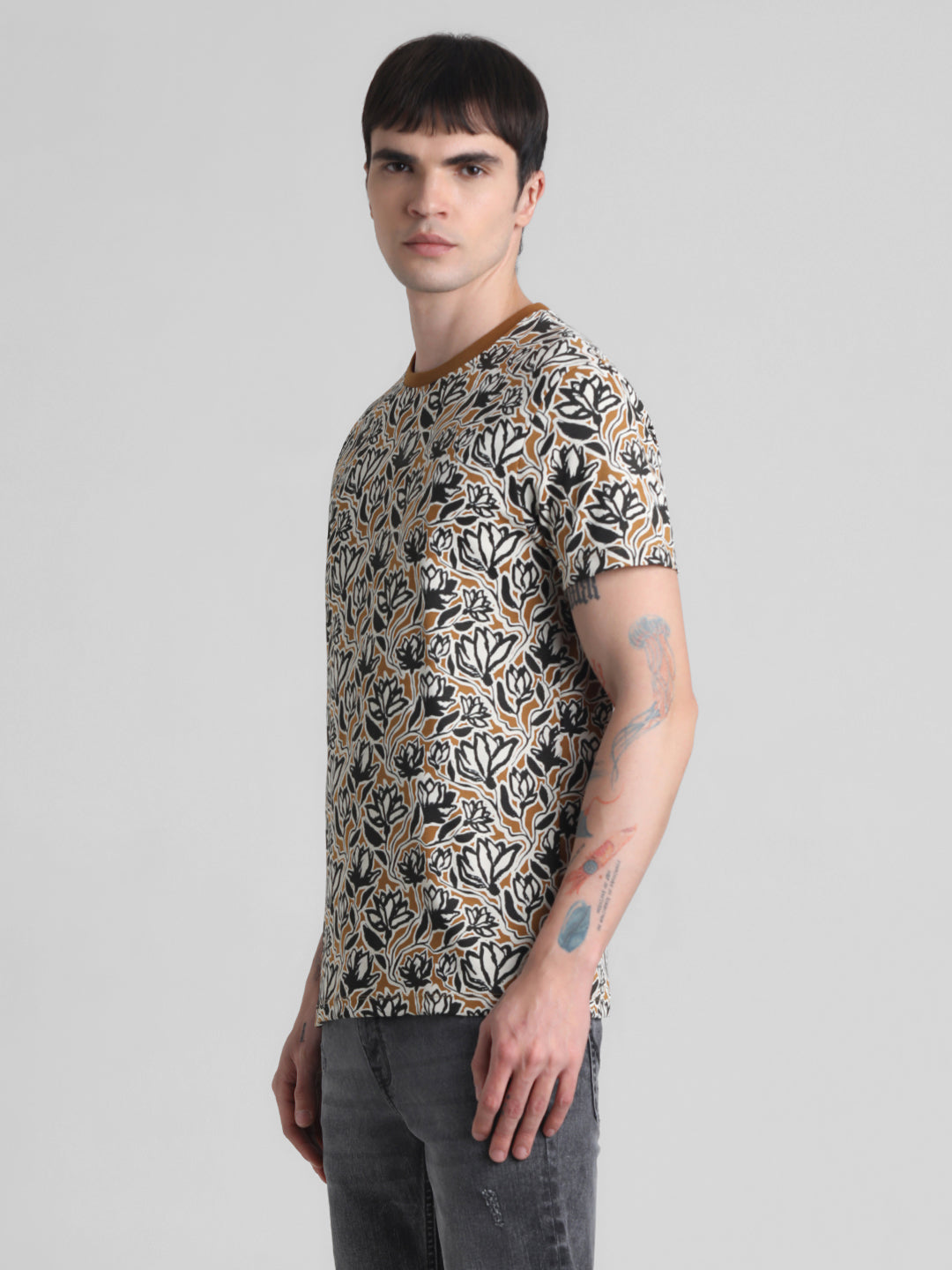 Floral Cotton Slim Fit T-shirt - Golden Brown