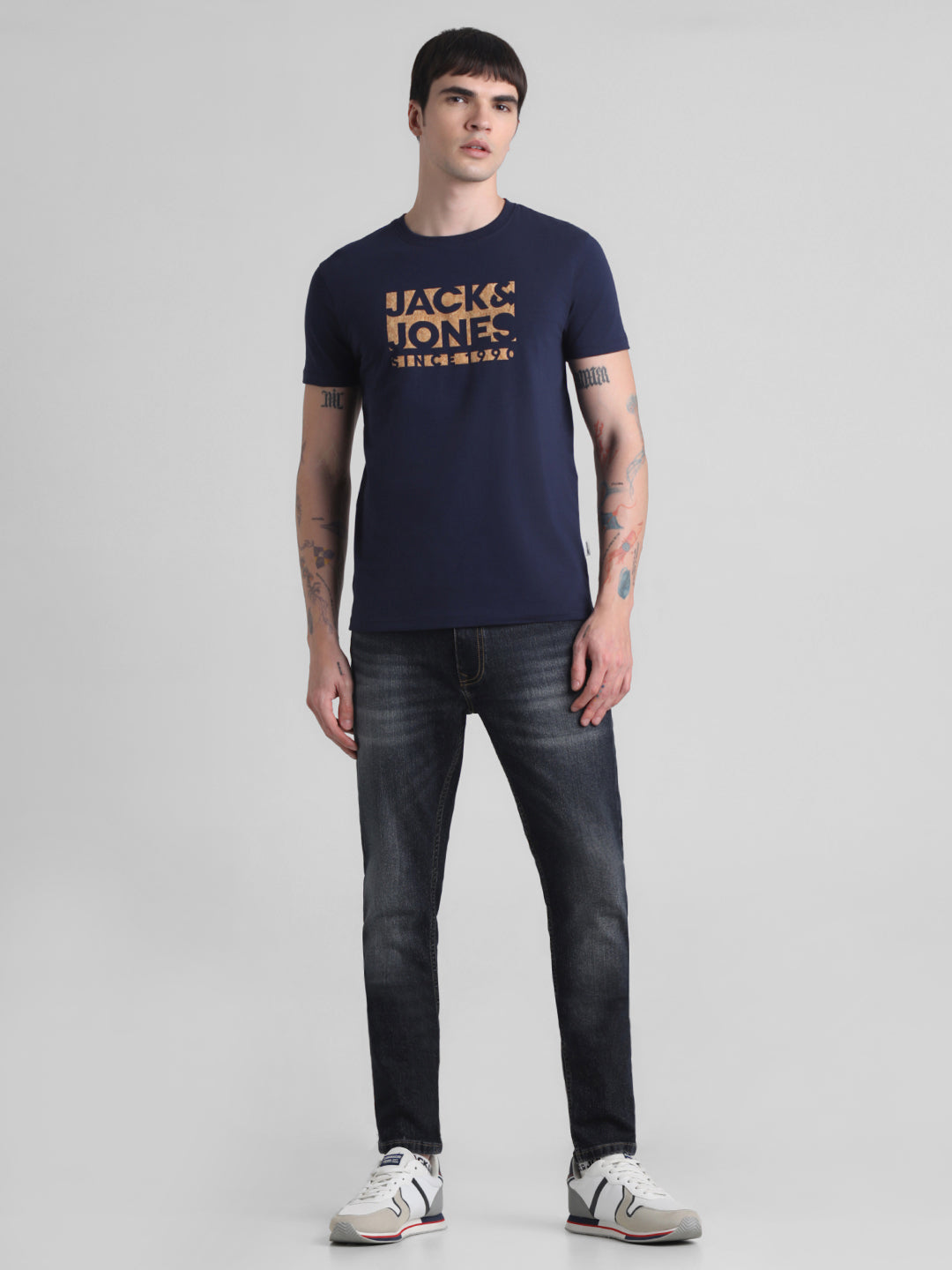Navy Logo Print Cotton T-shirt