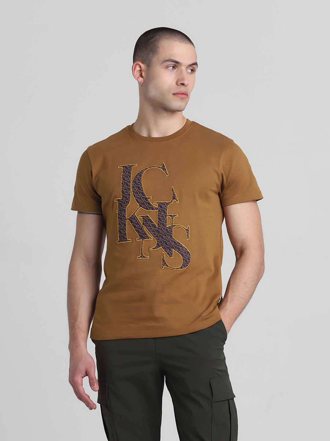 Brown Applique Patchwork Logo T-shirt