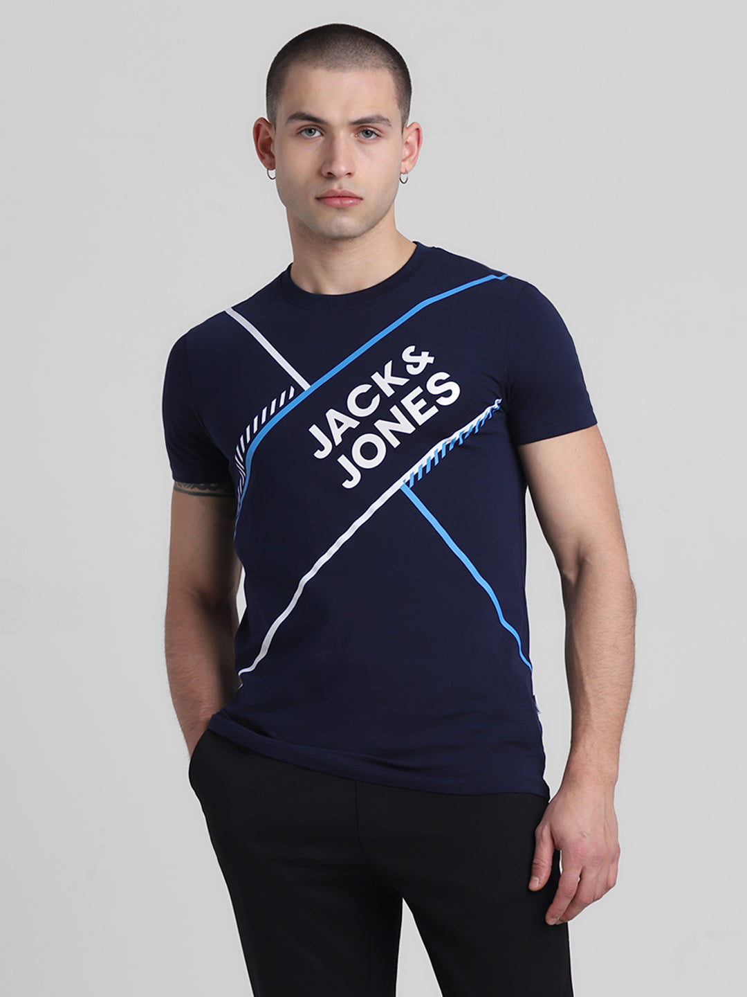 Navy Logo Print Cotton T-shirt