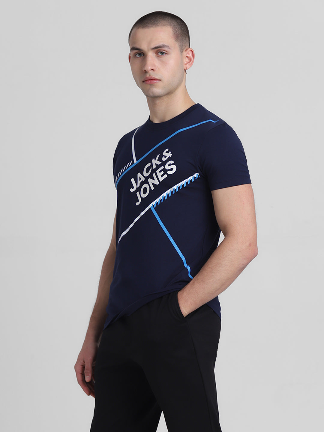 Navy Logo Print Cotton T-shirt