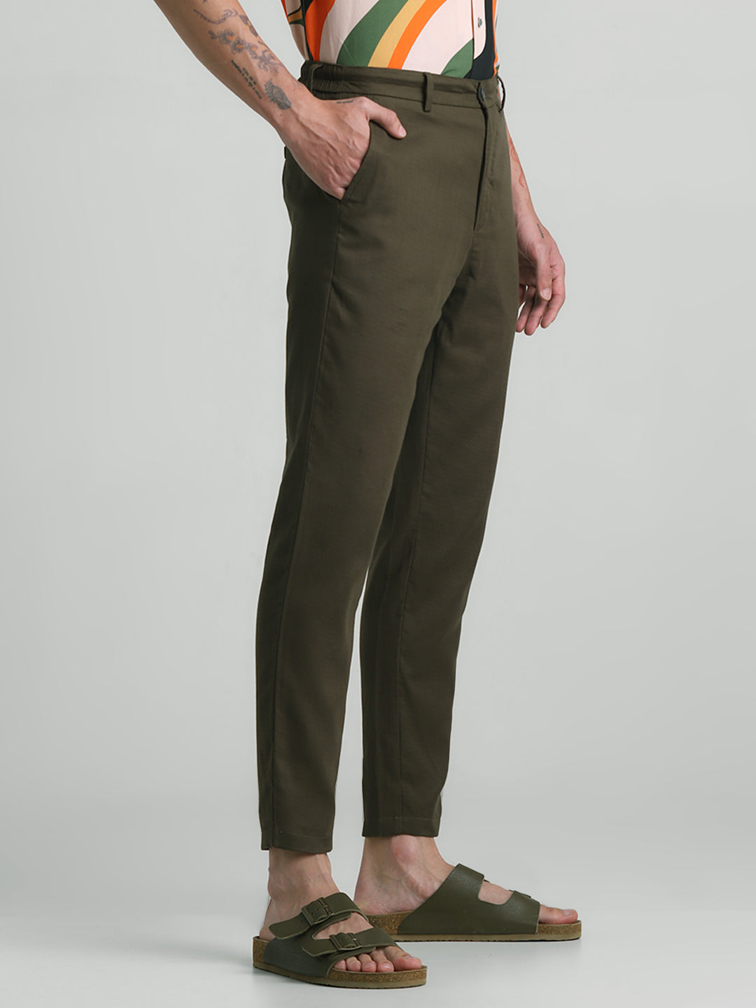 Olive Green Cotton Slim Fit Pants