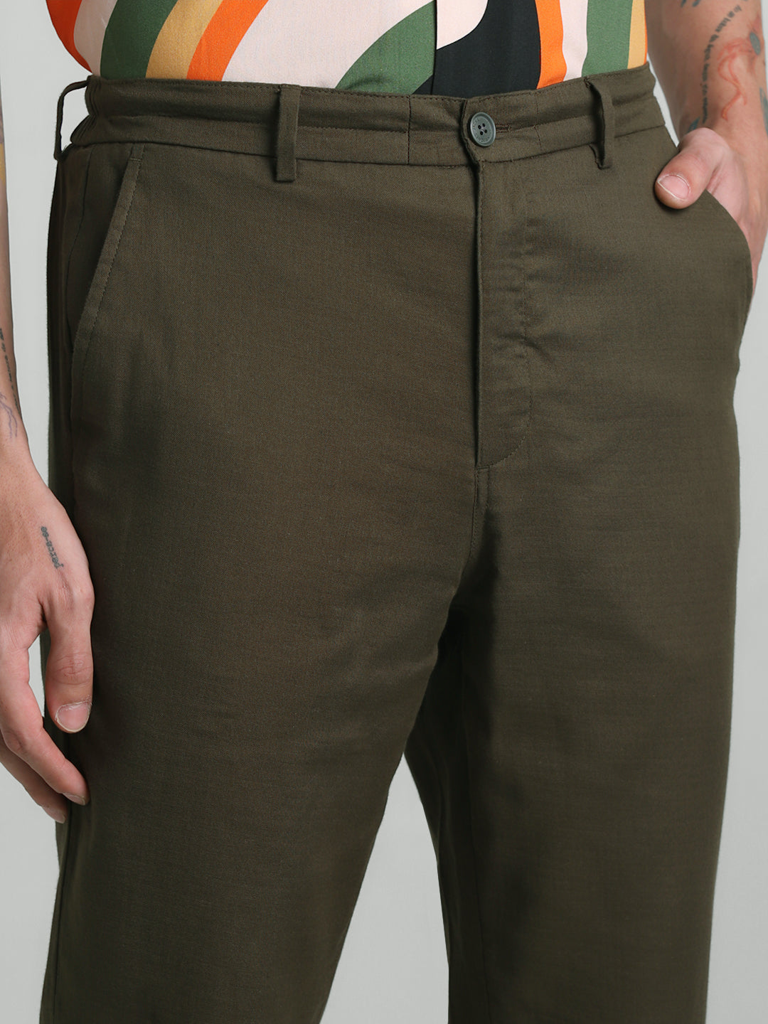 Olive Green Cotton Slim Fit Pants