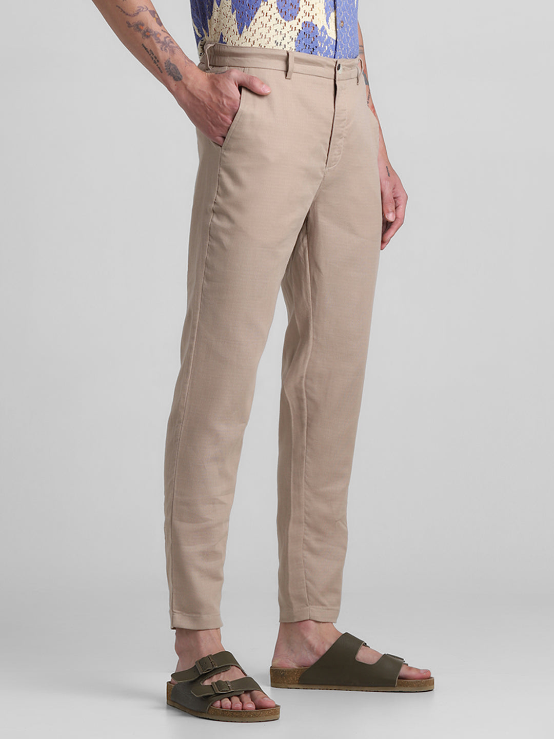 Beige Cotton Slim Fit Pants