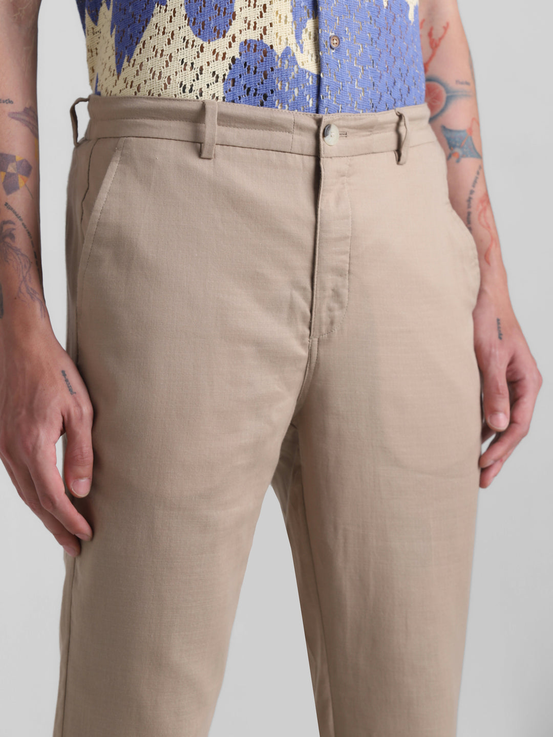 Beige Cotton Slim Fit Pants
