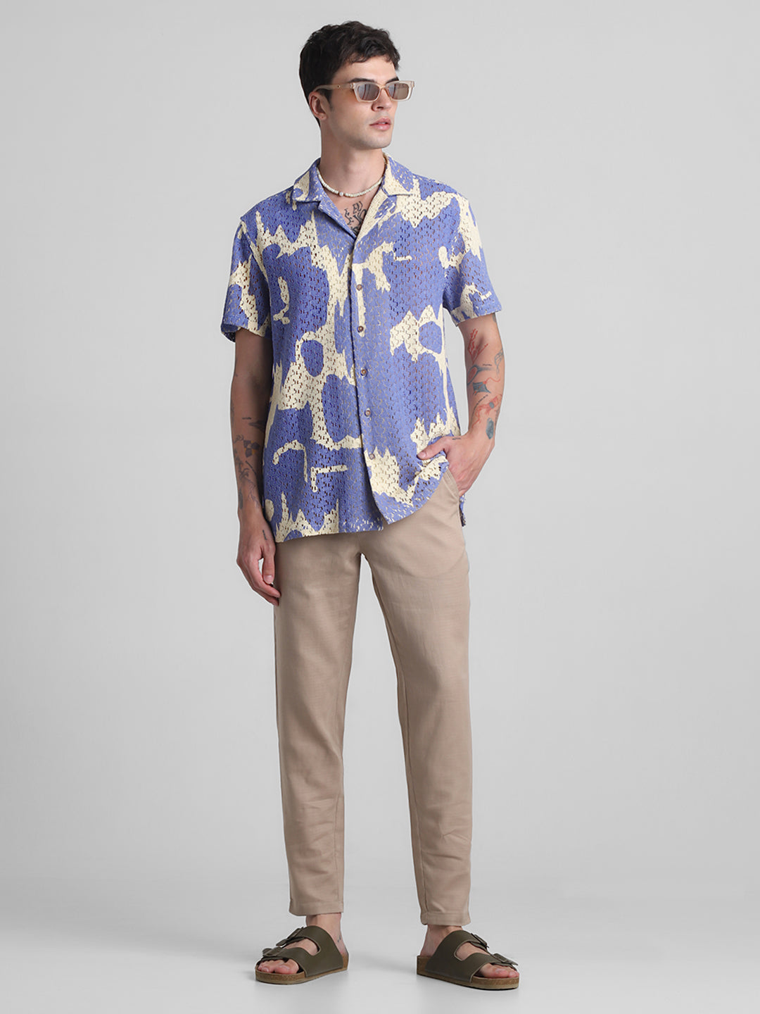 Beige Cotton Slim Fit Pants