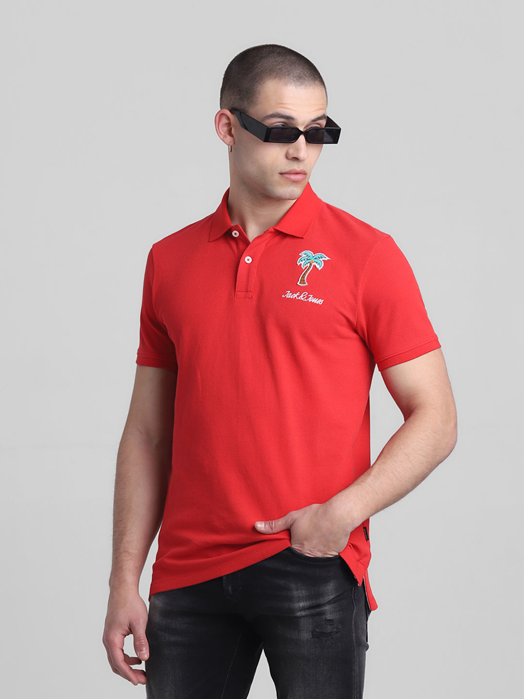Red Applique Patchwork Printed Polo