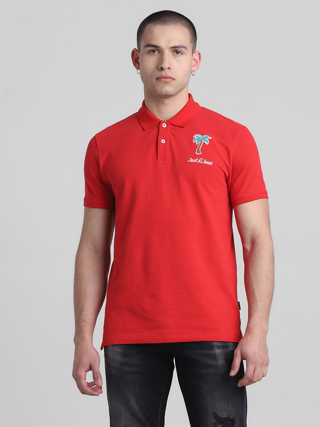 Red Applique Patchwork Printed Polo