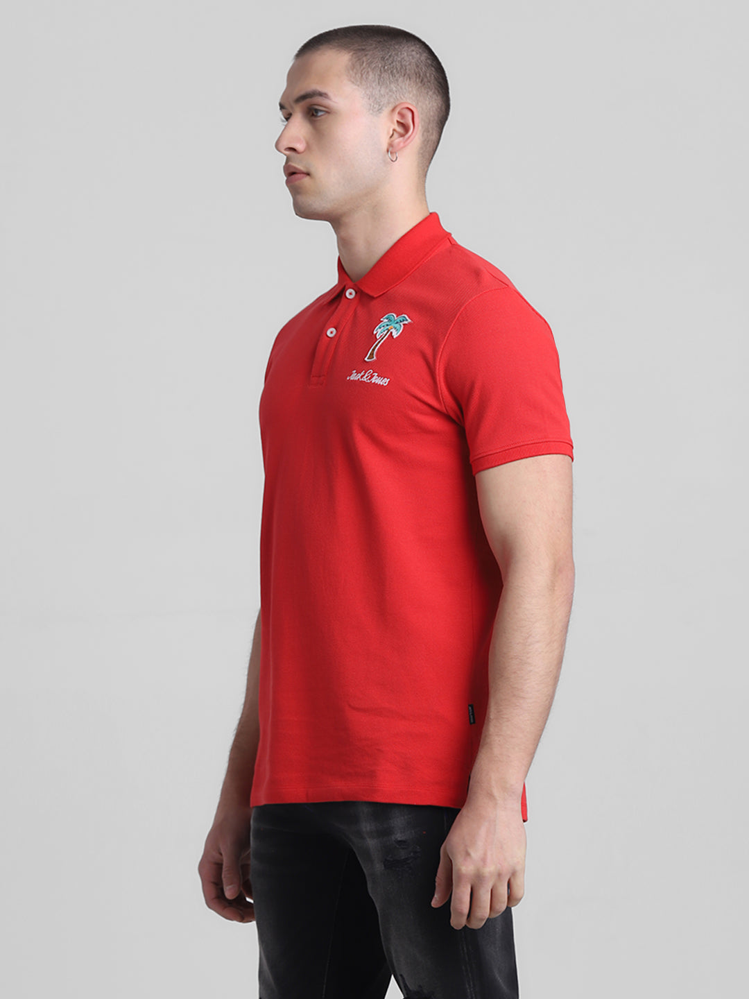 Red Applique Patchwork Printed Polo