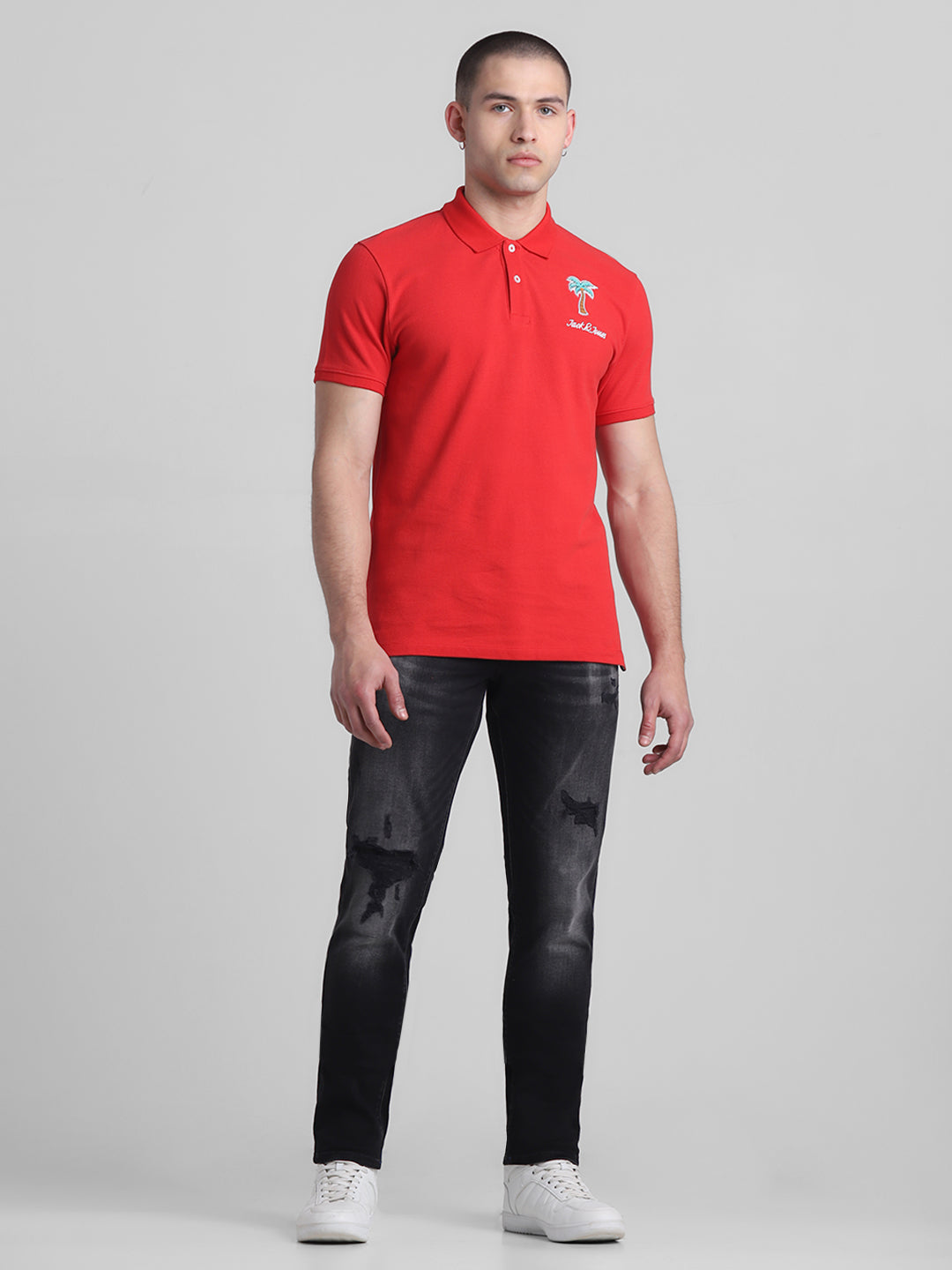 Red Applique Patchwork Printed Polo