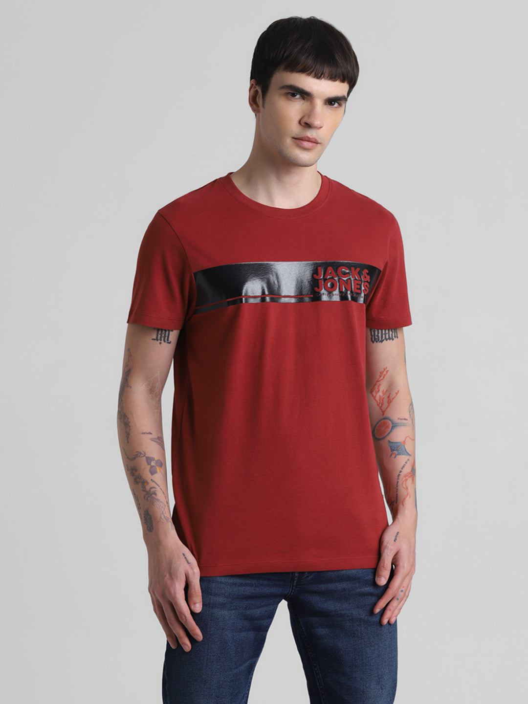 Red Chest Print Cotton T-shirt