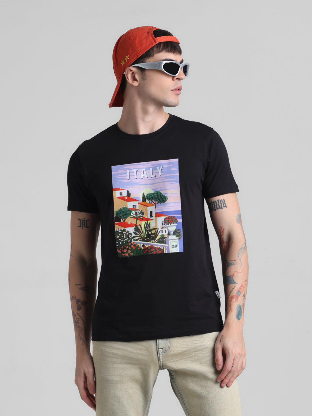 Black Italy Graphic Print Cotton T-shirt