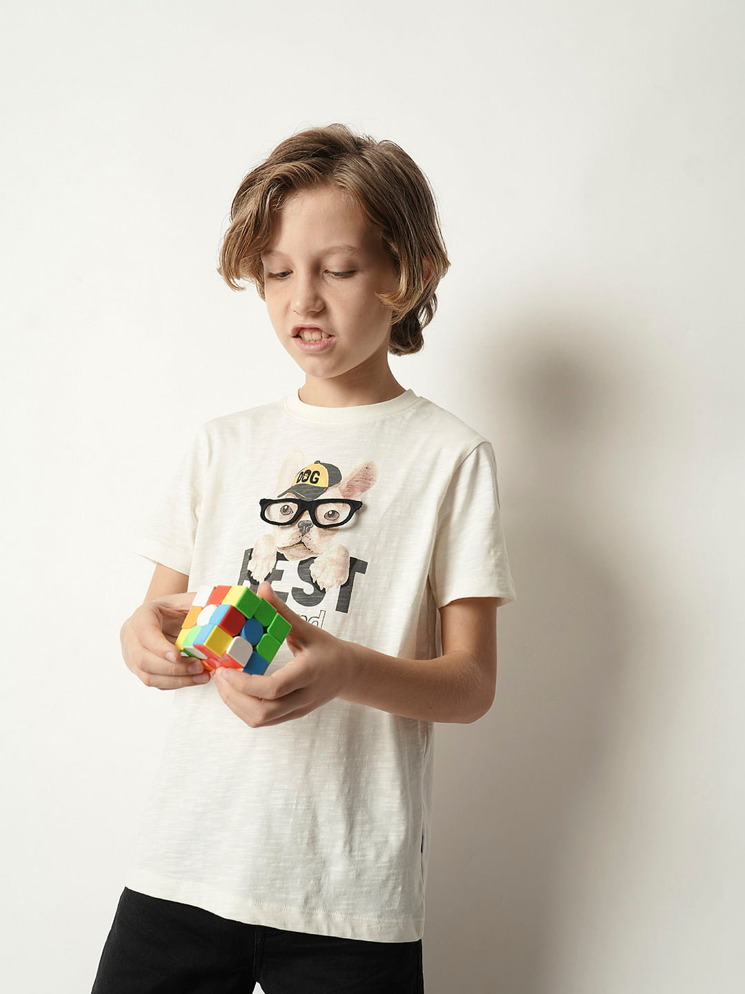 Boys Beige Graphic Print Crew Neck T-shirt