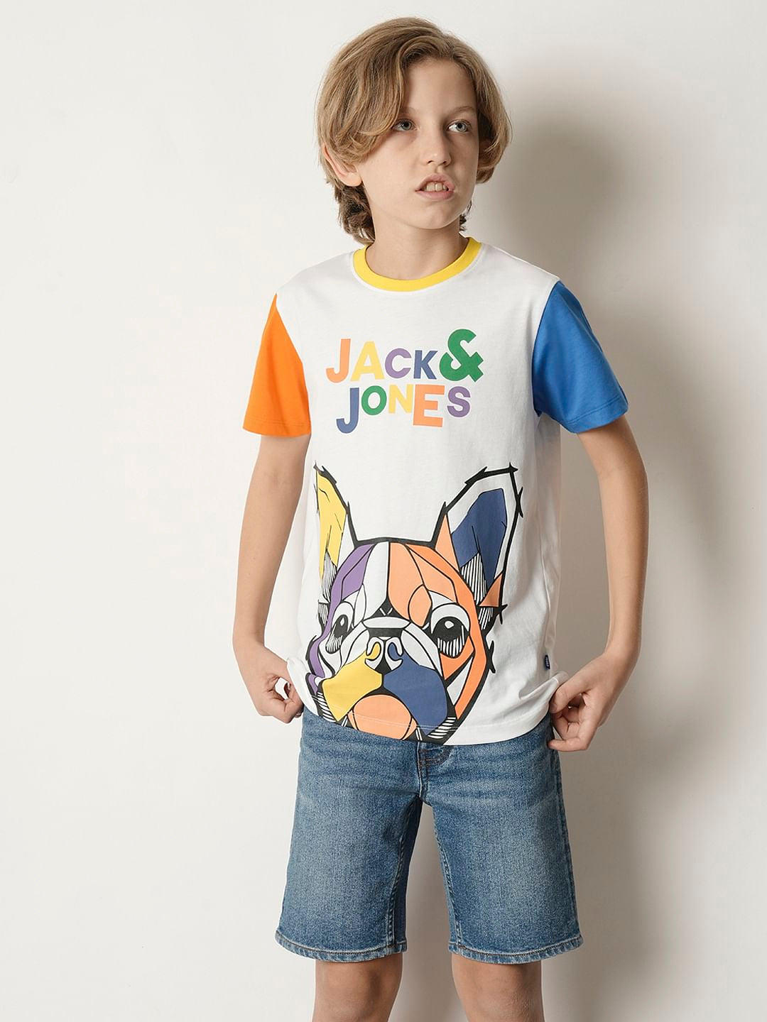 Boys White Colourblocked Print T-shirt