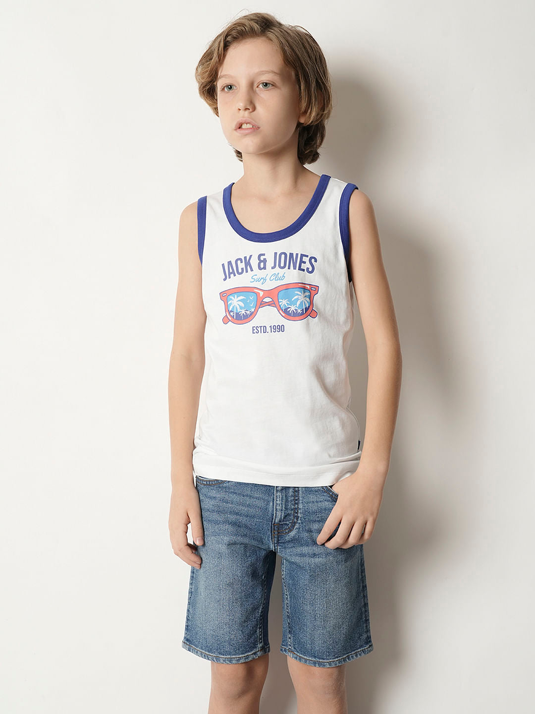 Boys White Printed Sleeveless T-shirt