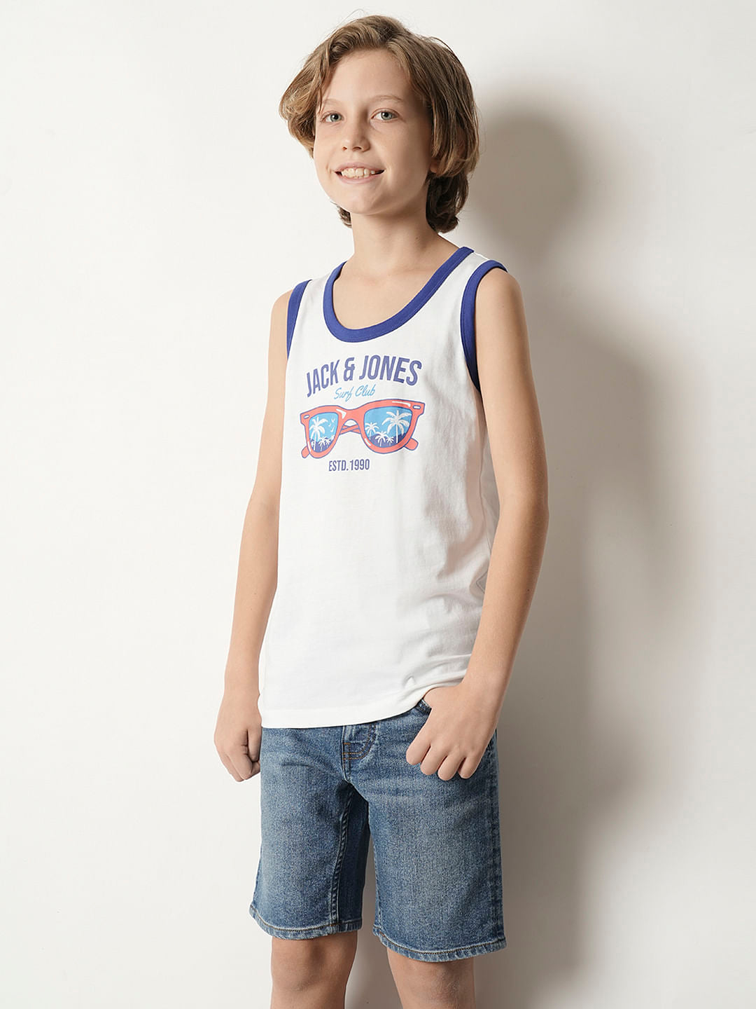 Boys White Printed Sleeveless T-shirt