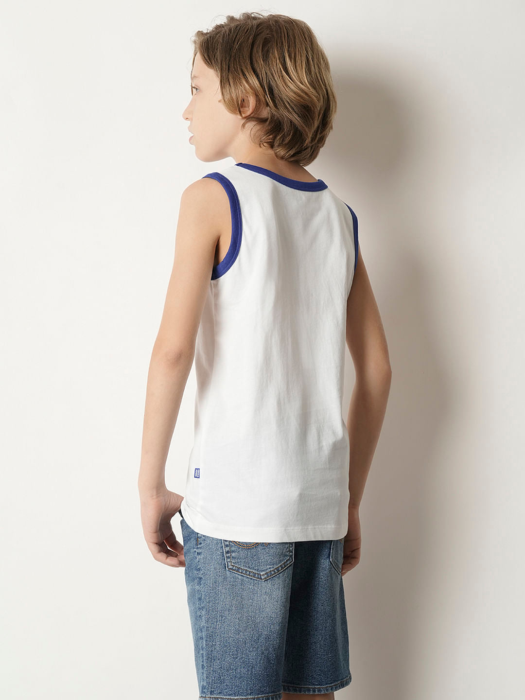 Boys White Printed Sleeveless T-shirt