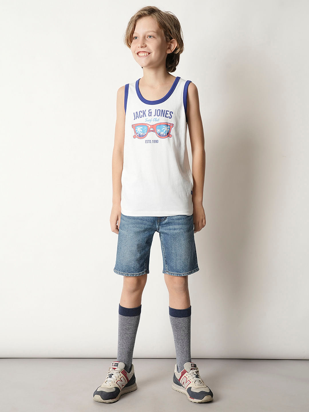 Boys White Printed Sleeveless T-shirt