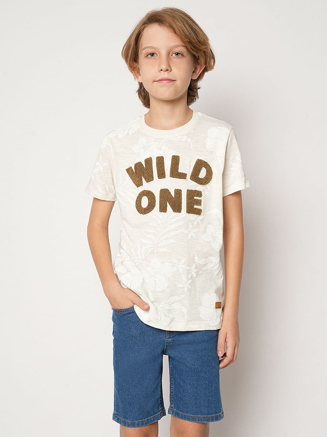 Boys Beige Printed Cotton T-shirt