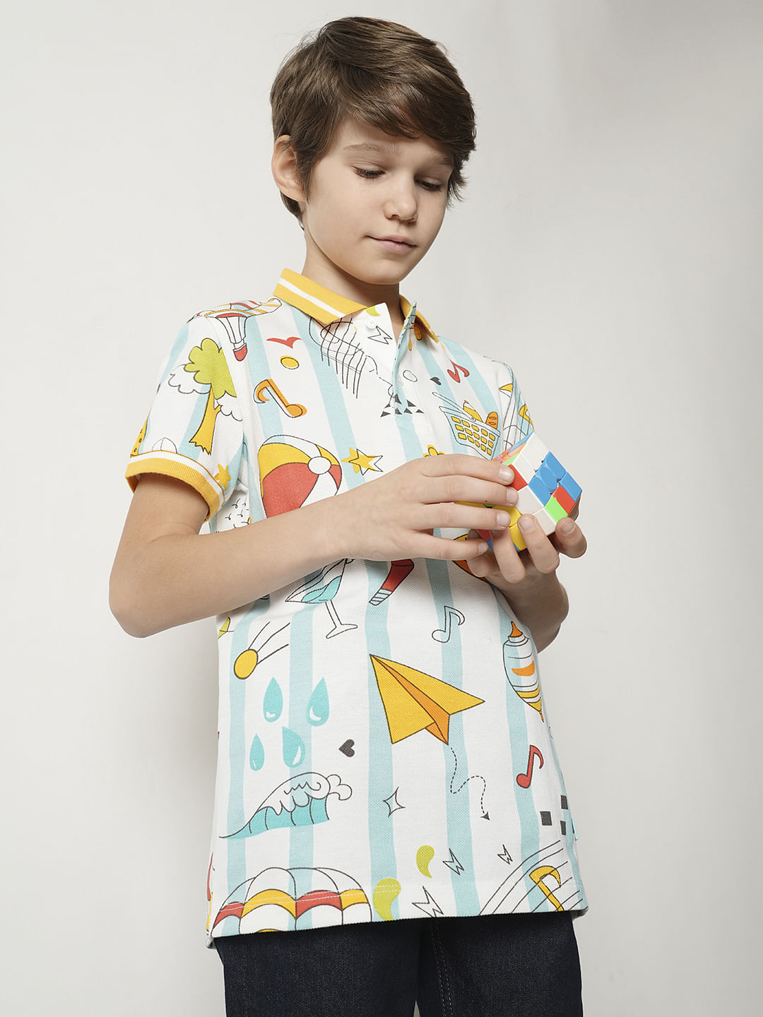 Boys White Printed Polo T-shirt