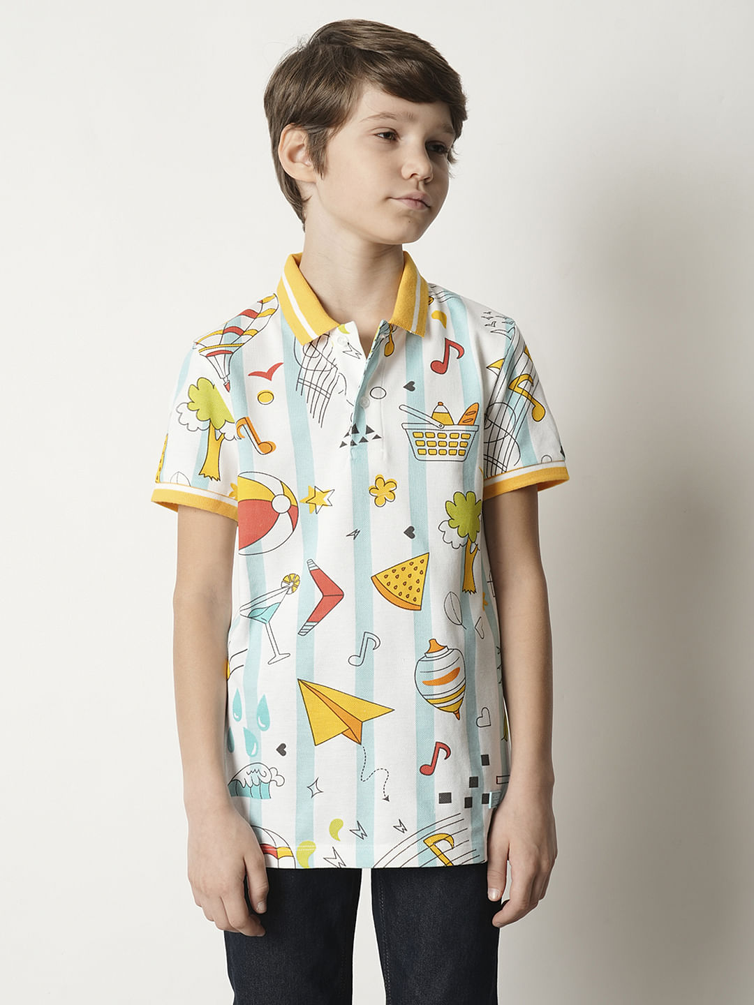 Boys White Printed Polo T-shirt