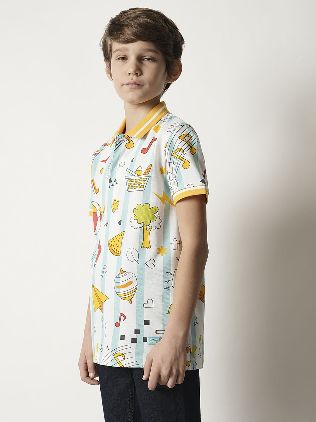 Boys White Printed Polo T-shirt
