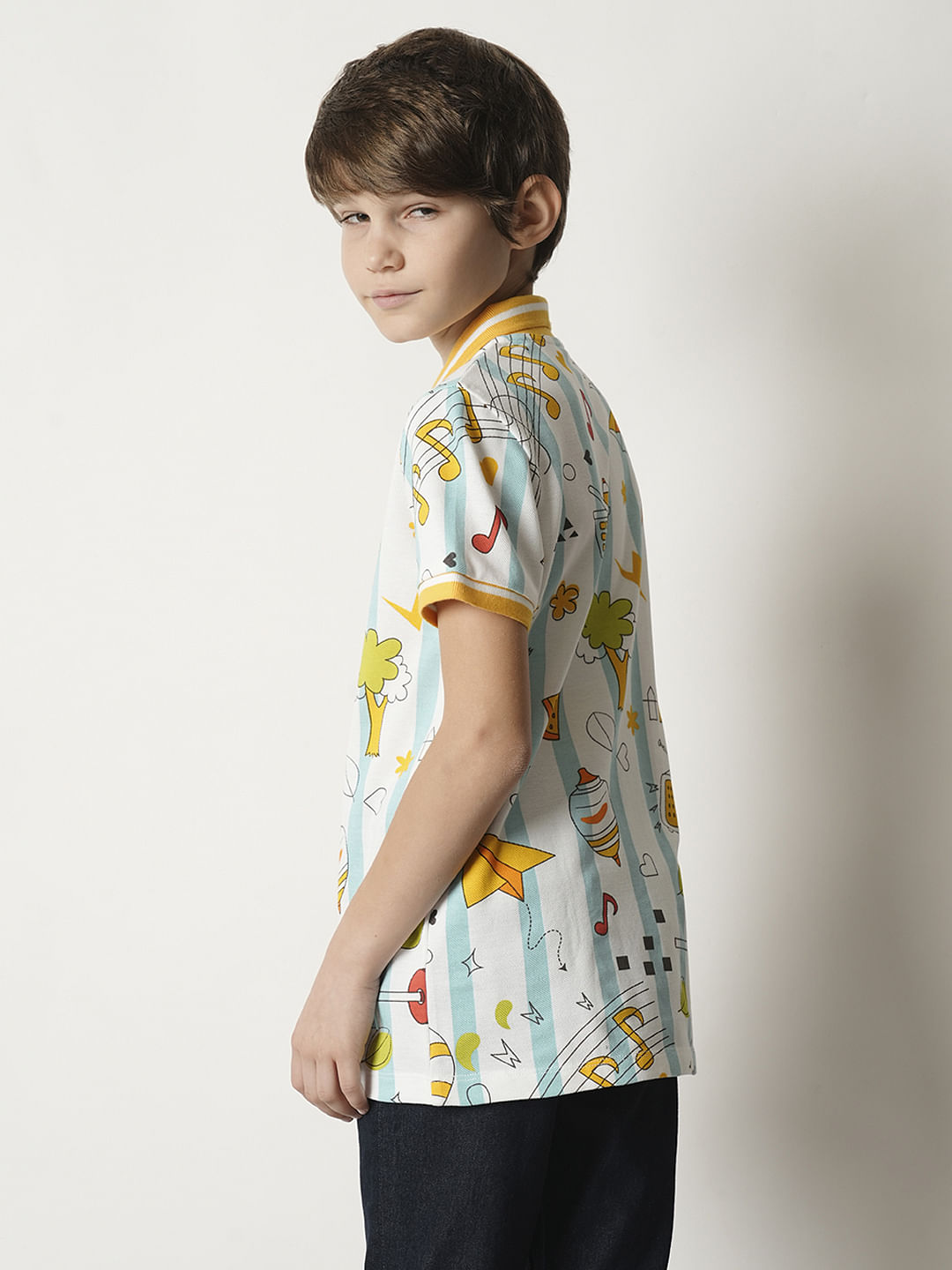 Boys White Printed Polo T-shirt