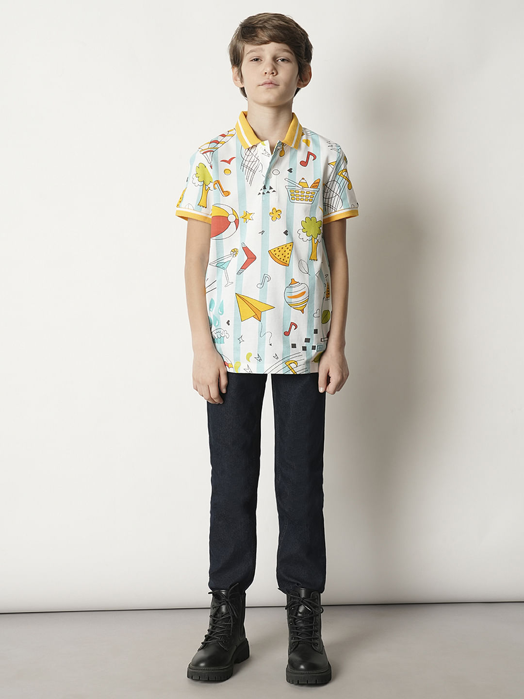 Boys White Printed Polo T-shirt