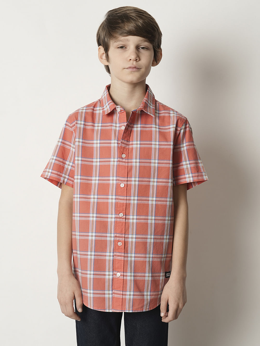 Boys Peach Check Cotton Shirt