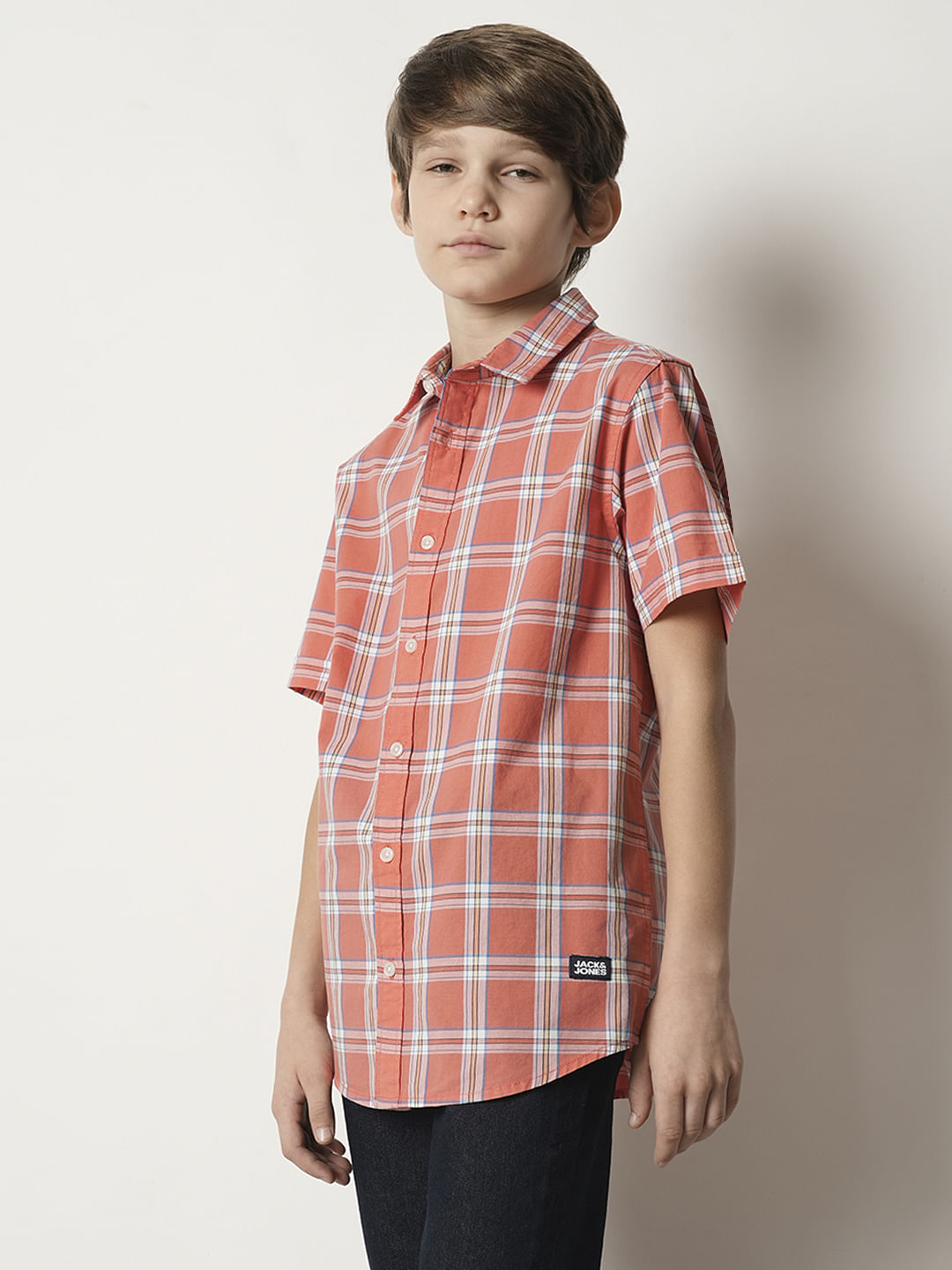 Boys Peach Check Cotton Shirt