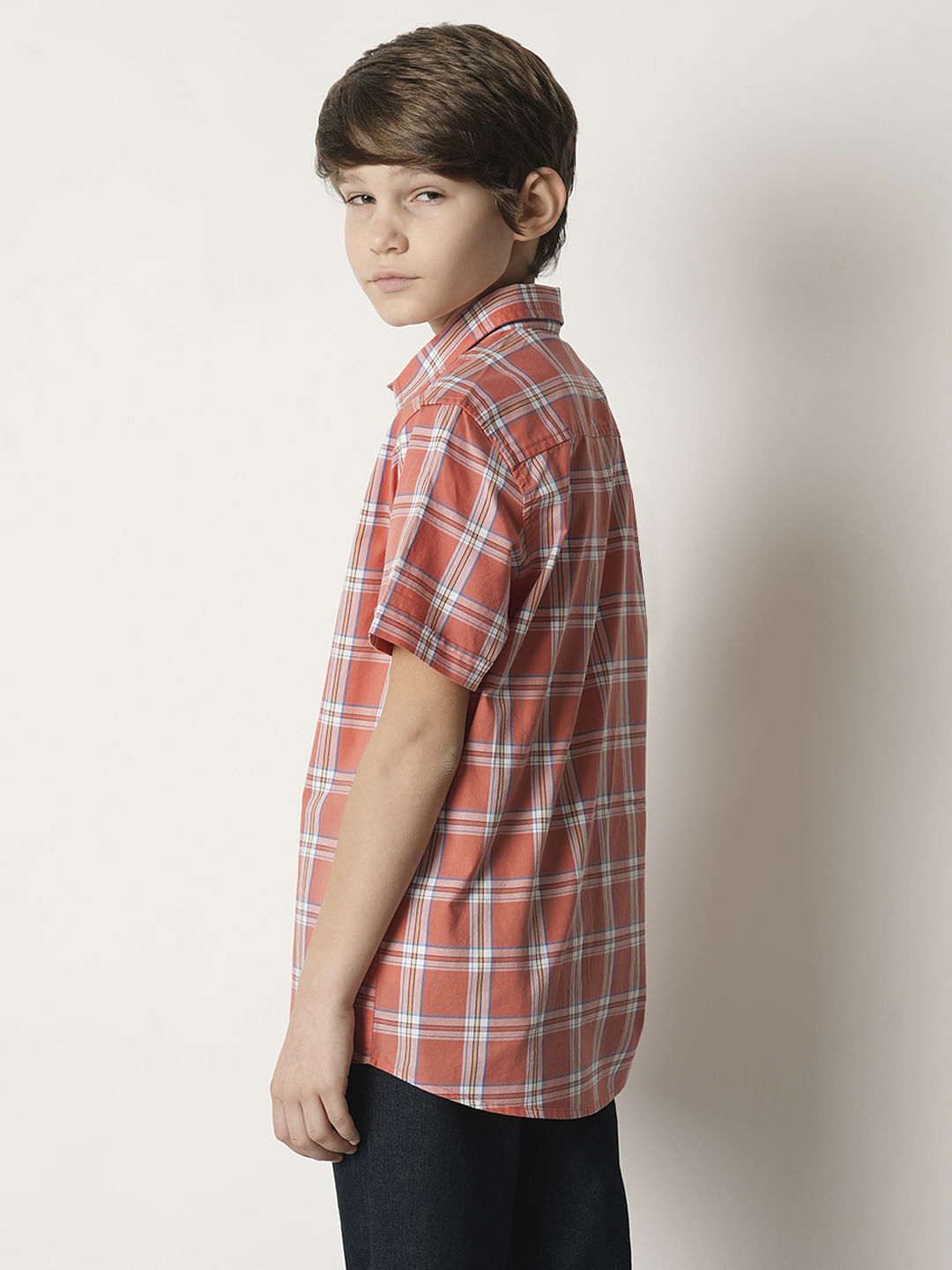 Boys Peach Check Cotton Shirt
