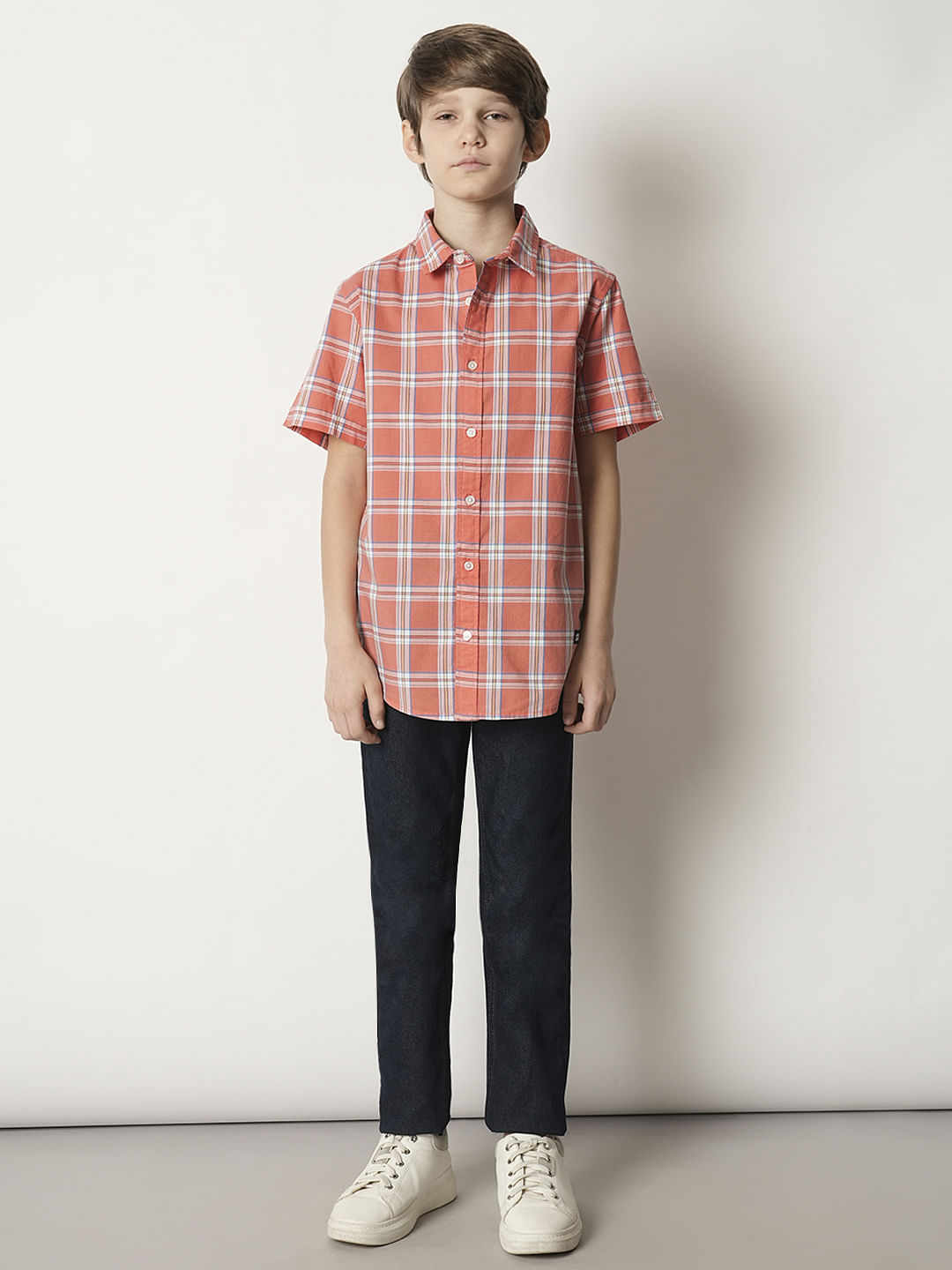 Boys Peach Check Cotton Shirt