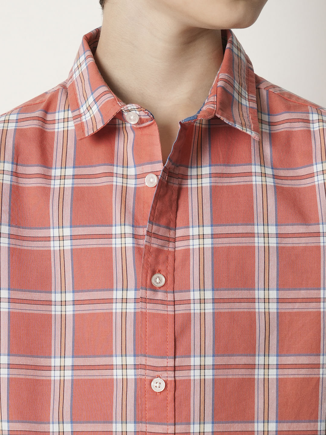 Boys Peach Check Cotton Shirt