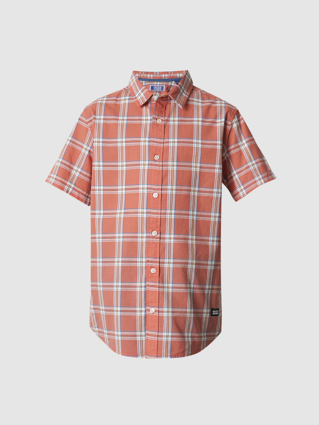 Boys Peach Check Cotton Shirt