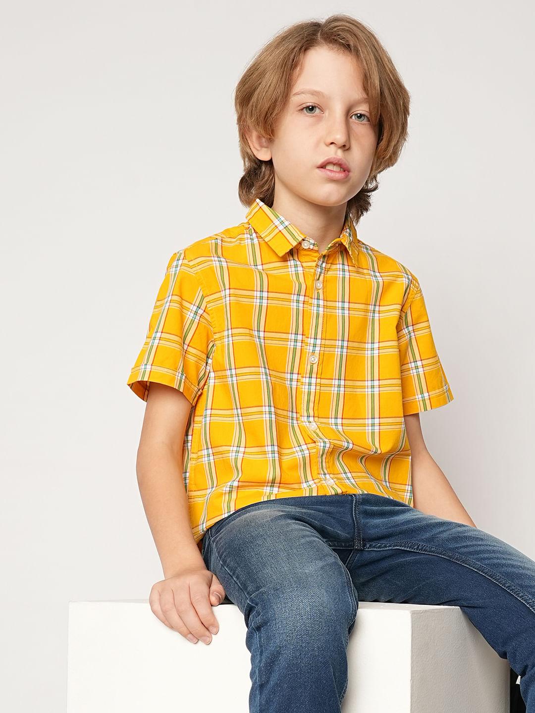 Boys Orange Check Cotton Shirt
