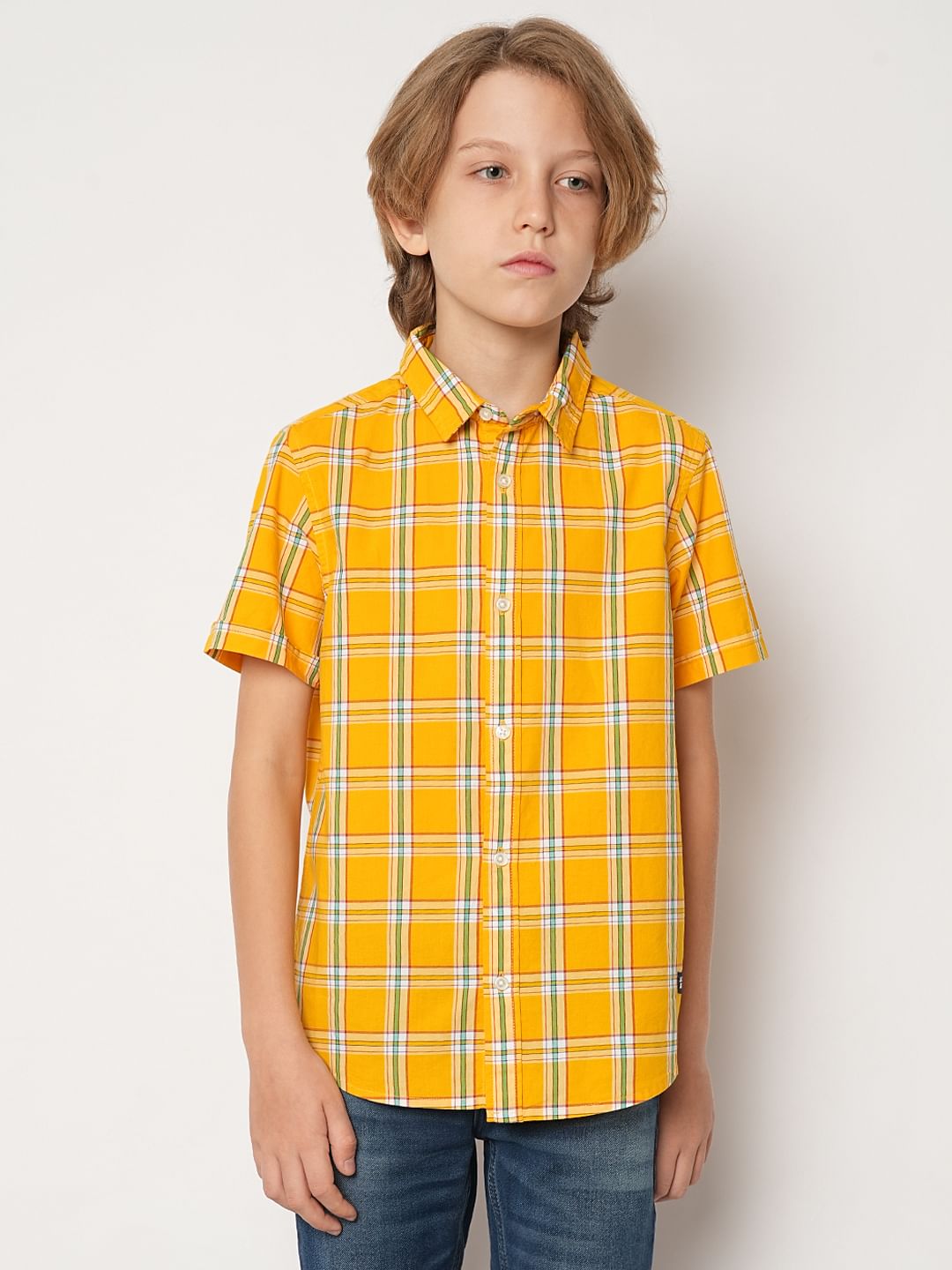 Boys Orange Check Cotton Shirt