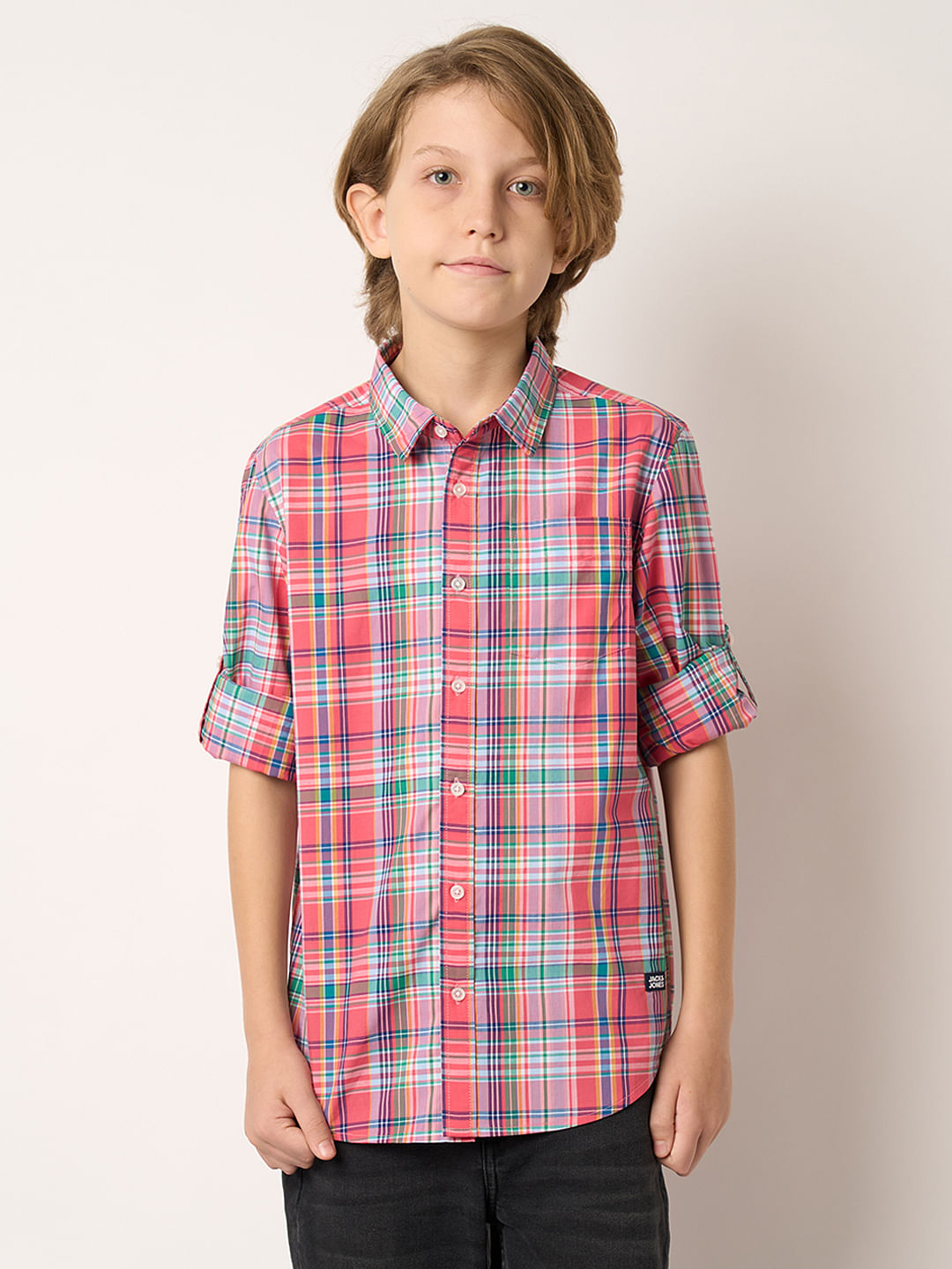 Boys Pink Check Full Sleeves Shirt